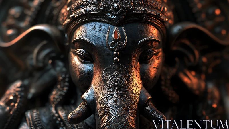 Detailed metallic elephant-headed deity sculpture close-up.