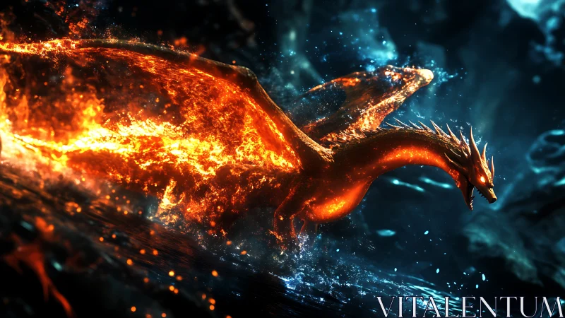 Incandescent fire dragon emerging through turbulent crystalline water