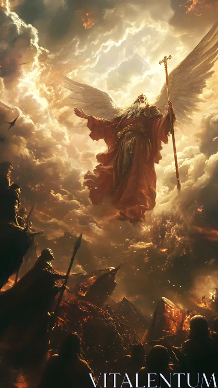 Radiant winged elder leading warriors through burning sky.