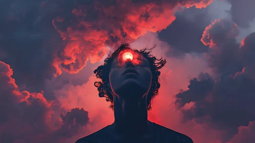 Surreal figure under crimson clouds channels inner cosmic light