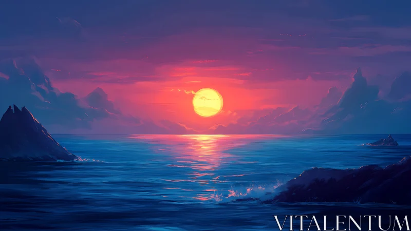 Radiant sun descends over tranquil violet-blue seascape.