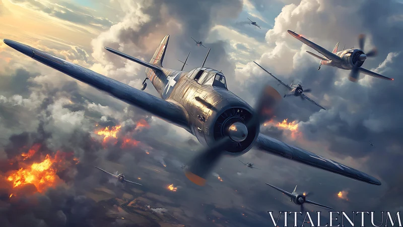 World War II fighter planes diving through heavy combat clouds.