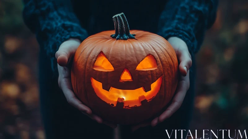 Photorealistic jack-o’-lantern portrait in shallow depth of field.