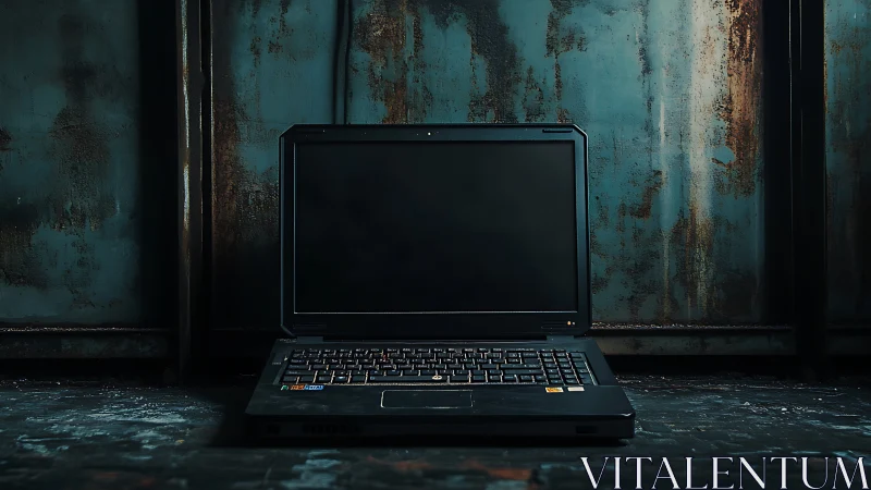 Closed-screen black laptop in dim industrial metal interior