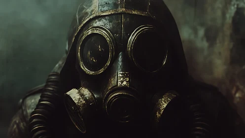Rustborne wanderer in a cracked industrial gas mask stares.