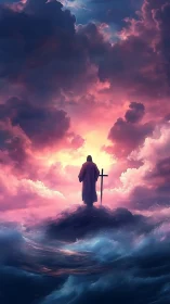 Solitary robed figure guards cross beneath blazing dawn sky.