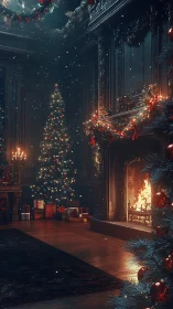 Warmly lit Victorian hall with Christmas tree and active fireplace