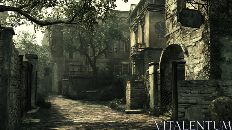 Sunlit abandoned alley winds through overgrown stone ruins