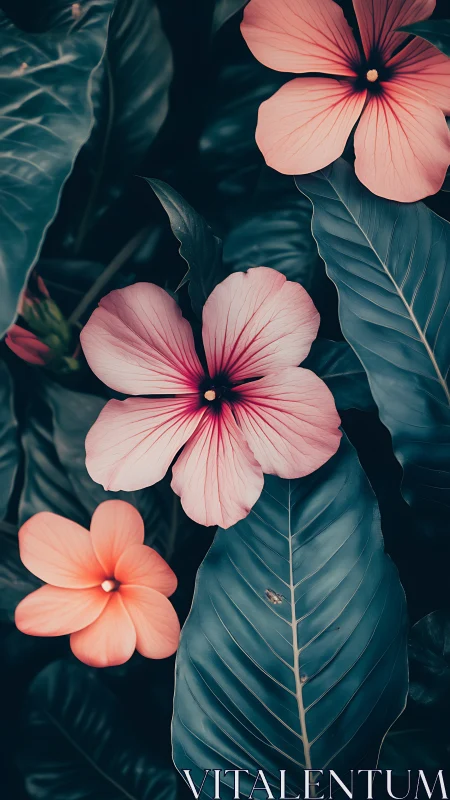 Pink Five-Petaled Flowers Against Deep Teal Foliage.