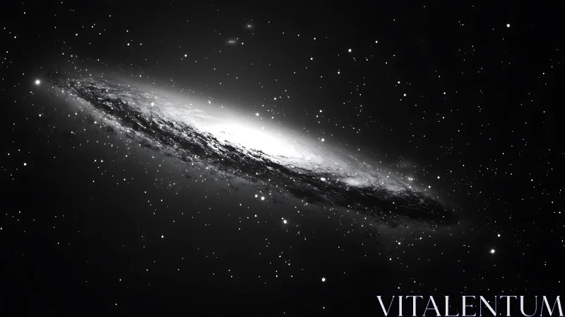 Edge-on spiral galaxy glowing through dense starfield.