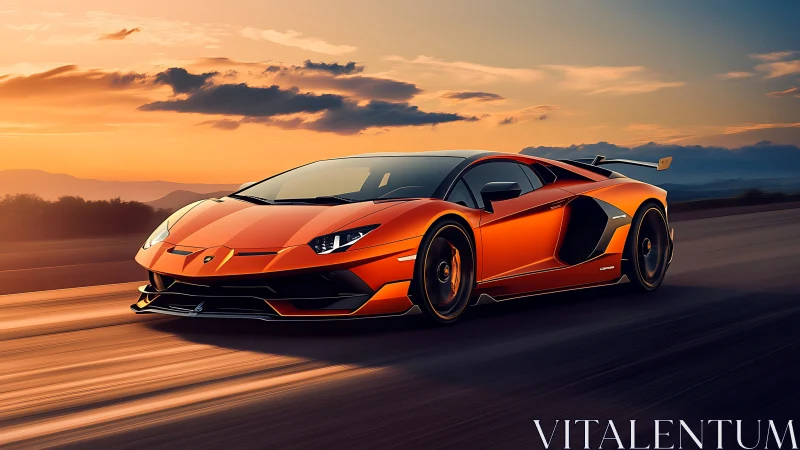 Orange supercar on open highway at sunset in motion.
