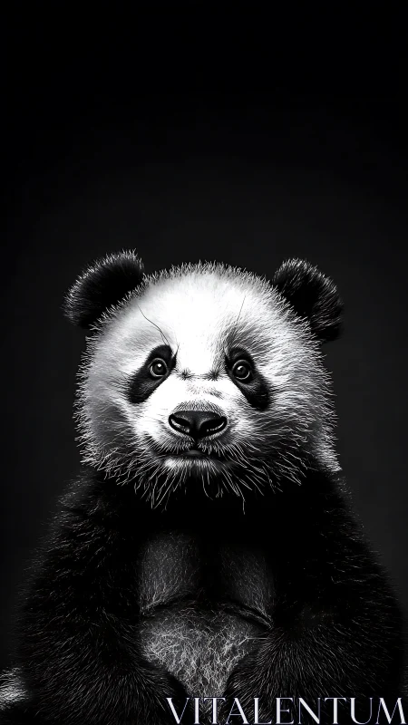 Softly lit panda portrait poised in velvety monochrome glow.