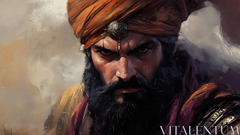 Warrior in orange turban stares forward with intense resolve