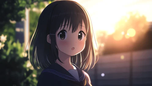 Sunlit anime schoolgirl pauses in a quiet, glowing street