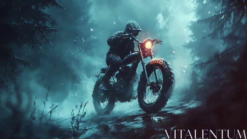 Motorcyclist riding through dense fog in forest at night.