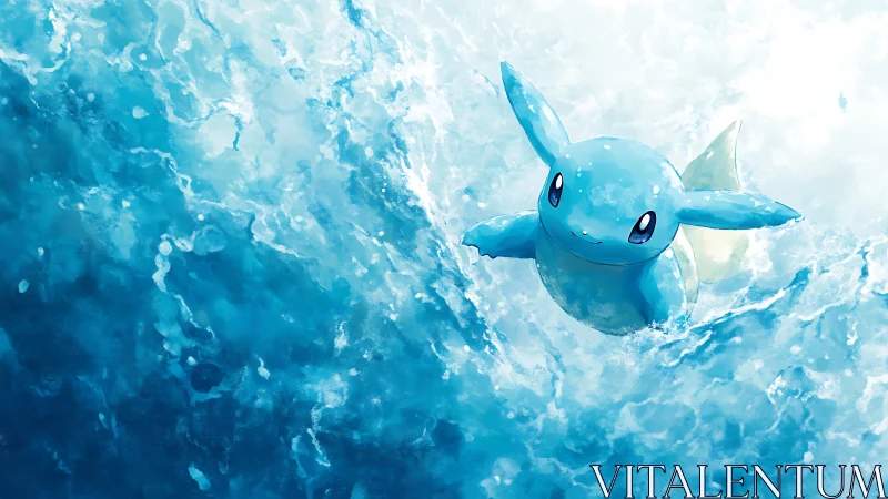 Blue aquatic creature emerging from stylized ocean waves.