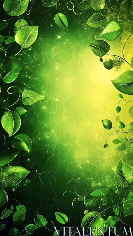 Green digital foliage frame surrounds bright glowing center