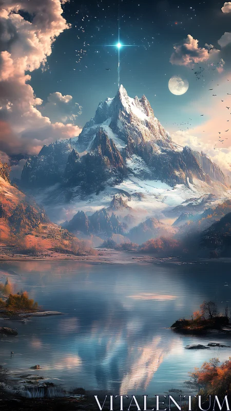 Star-crowned alpine peak above mirrored twilight lake.