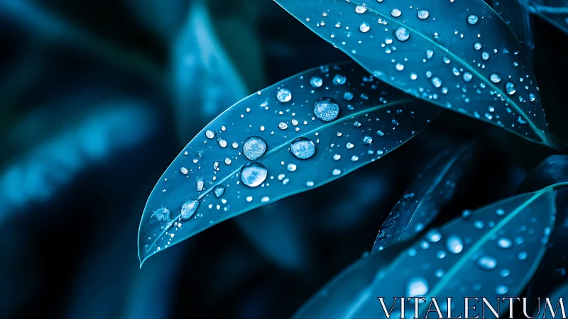 Moonlit raindrops resting on deep blue quiet leaves.