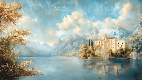 Sunlit lakeside castle nestles softly among misty blue peaks