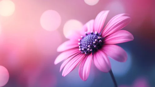Pink daisy macro glows against soft bokeh pastel background