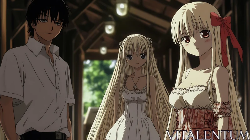 Three anime characters stand in a wooden corridor setting