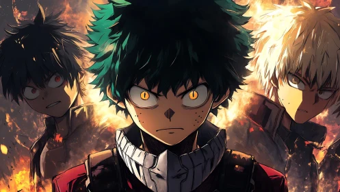 Triadic anime protagonists framed by dynamic backlit flame effects