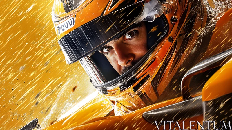 Race car driver helmet closeup shows intense focused gaze