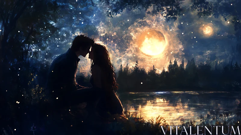 Moonlit Kiss by Luminous Waters Under Starlit Sky.