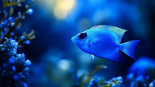Blue tropical fish swims in sharp focus against coral reef