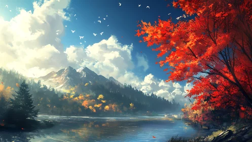 Fiery autumn forest embraces tranquil alpine lake under clouds.