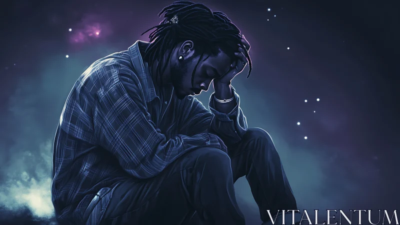 Pensive man under cosmic sky contemplates in quiet sorrow.