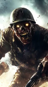 Undead soldier charging through smoke with glowing eyes.