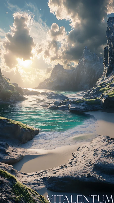 Sunlit alpine cove channels turquoise water through sculpted stone