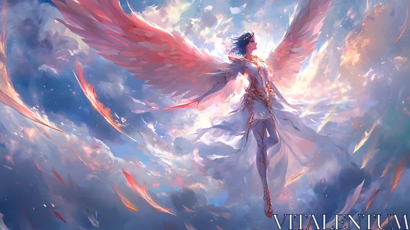 Radiant winged guardian rises softly through glowing skies