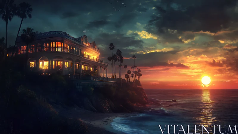 Sunset illuminates a clifftop villa over a glowing ocean