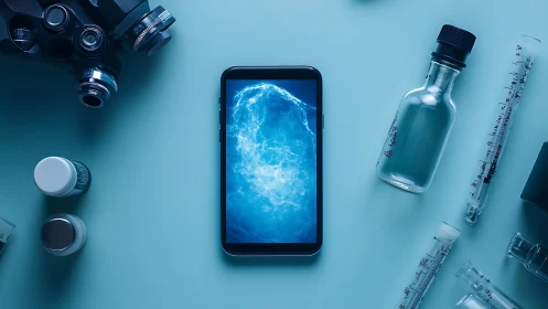 Smartphone lies among laboratory tools and medical syringes