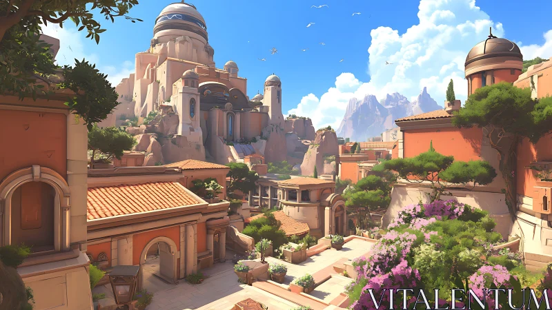 Sunlit cliffside citadel rises above terracotta terraces.