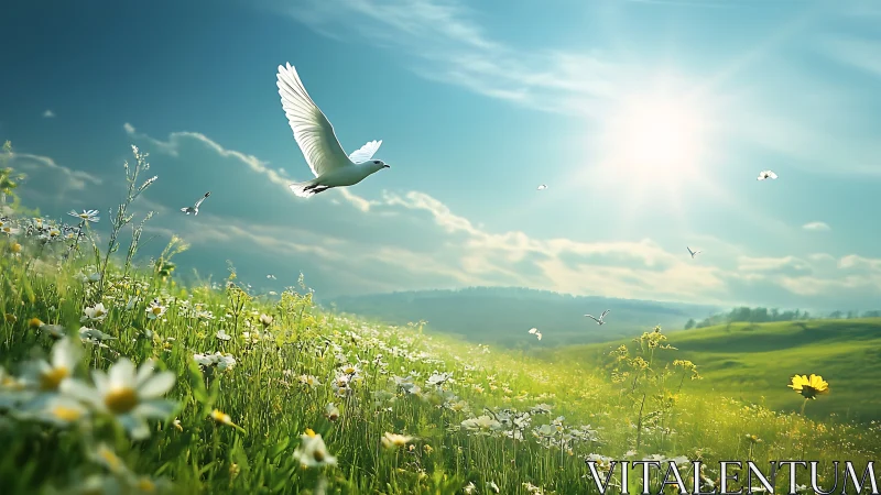 White dove glides over sunlit wildflower meadow at dawn.