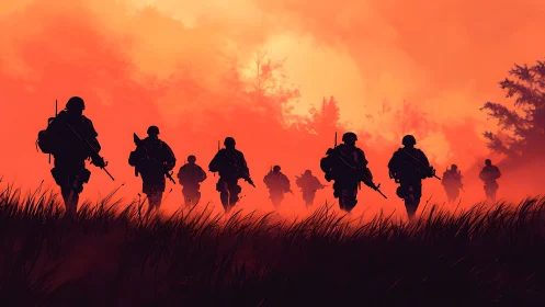Silhouetted soldiers advance through burning red dusk field.
