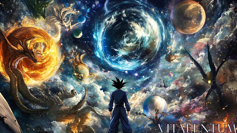 Cosmic warrior confronting swirling multiverse of dragons.