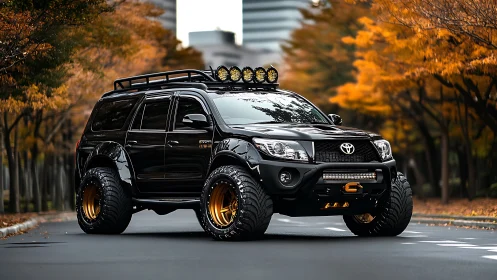 Midnight off‑road titan prowls through autumn city canyon