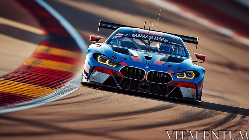 BMW race car takes corner on sunlit track at high speed.