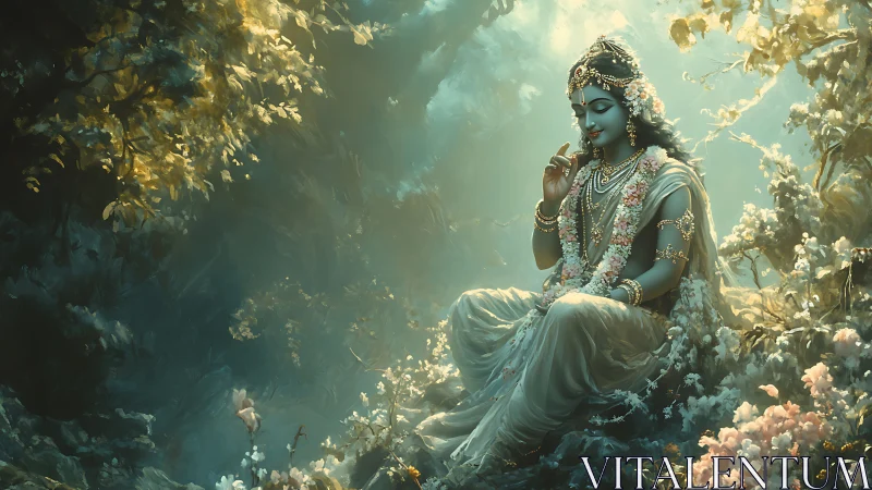 Divine blue deity in ethereal forest glade, digital painting.