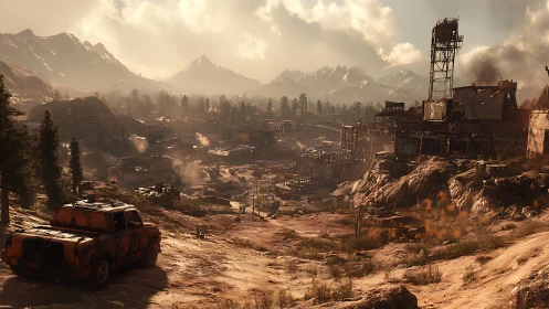 Dusty mountain outpost glows under a hazy golden sunset sky