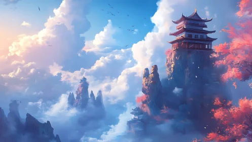 Mountain temple crowns misty cliffs under radiant dawn