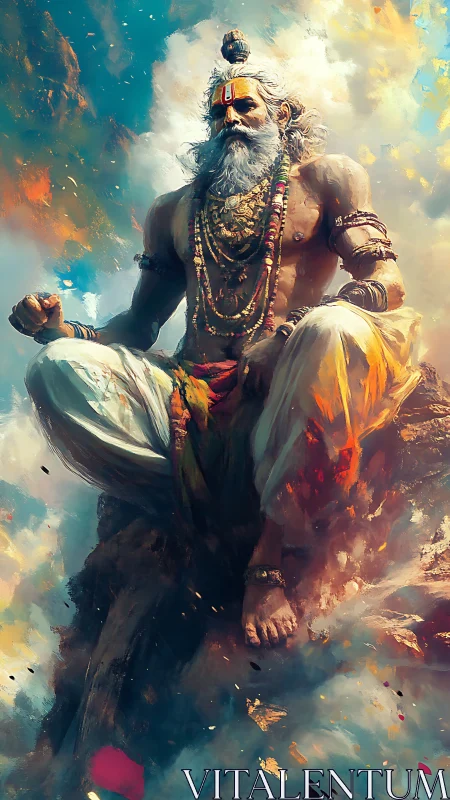 Mythic sage seated in storm of clouds and color.