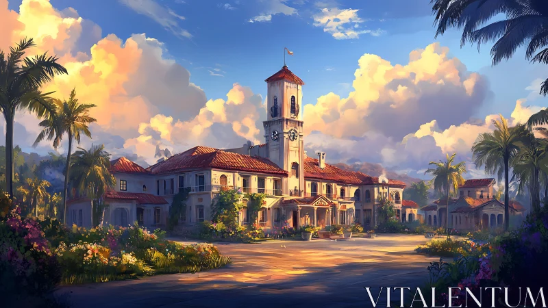 Sunlit colonial mansion amid lush tropical gardens at dusk.