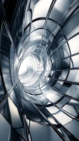 Futuristic chrome tunnel curves toward a radiant white core.