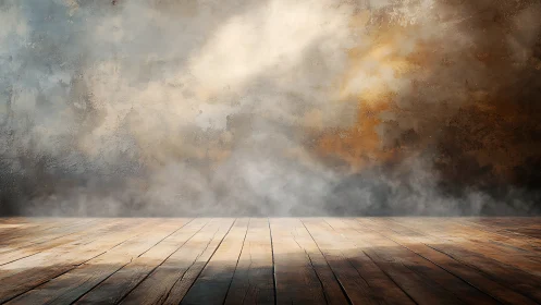 Weathered wooden floor meets textured wall in low diffuse light